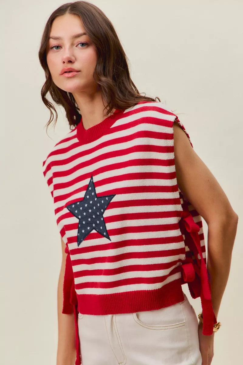 SO ME Stripe Star Patch 4th Of July Side Tie Vest Top - RED/IVORY - Bexa Boutique