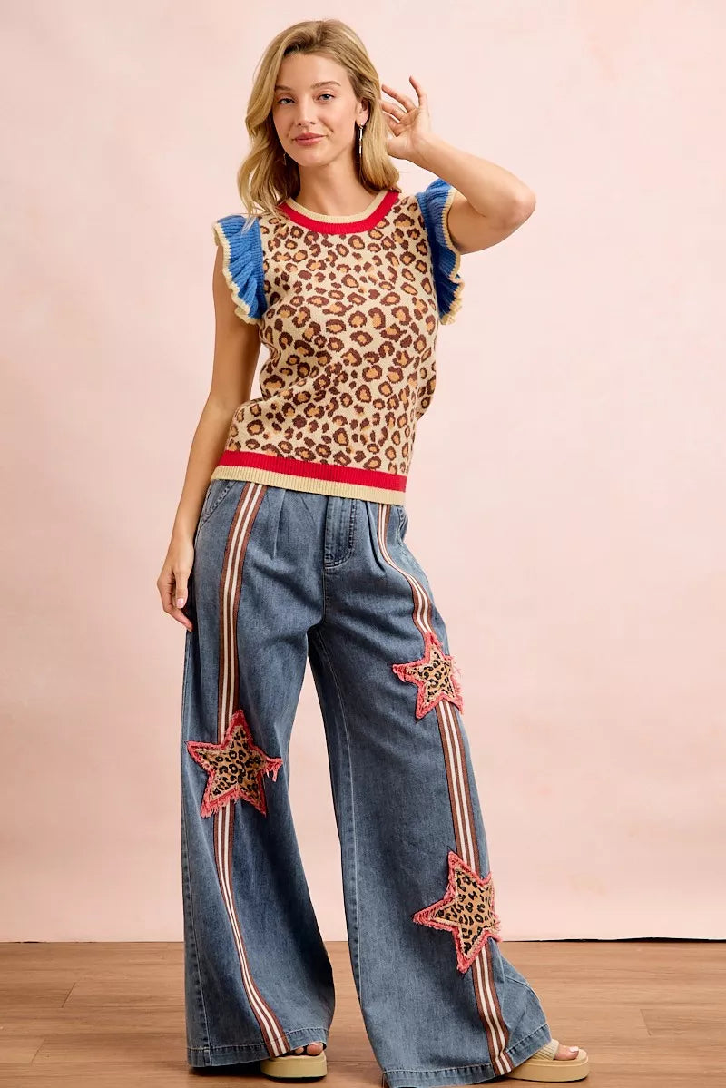 BiBi 4th Of July Leopard Ruffled Detail Knit Top - LEOPARD/RED/BLUE - Bexa Boutique