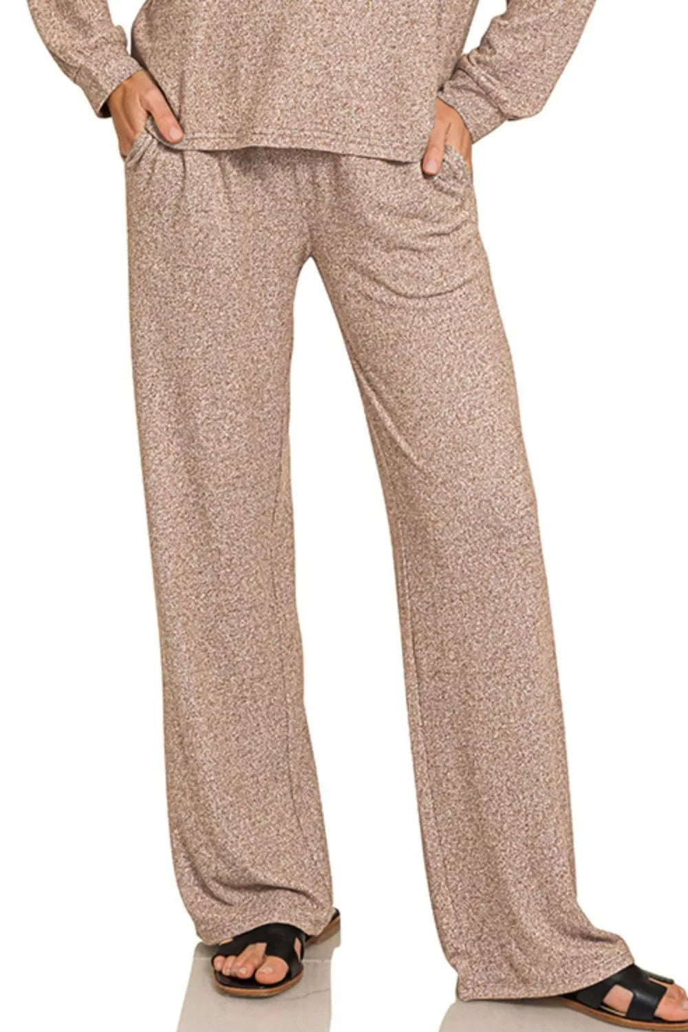 Zenana Soft Melange Long Sleeve Tee & Pants Set - BROWN - Bexa Boutique