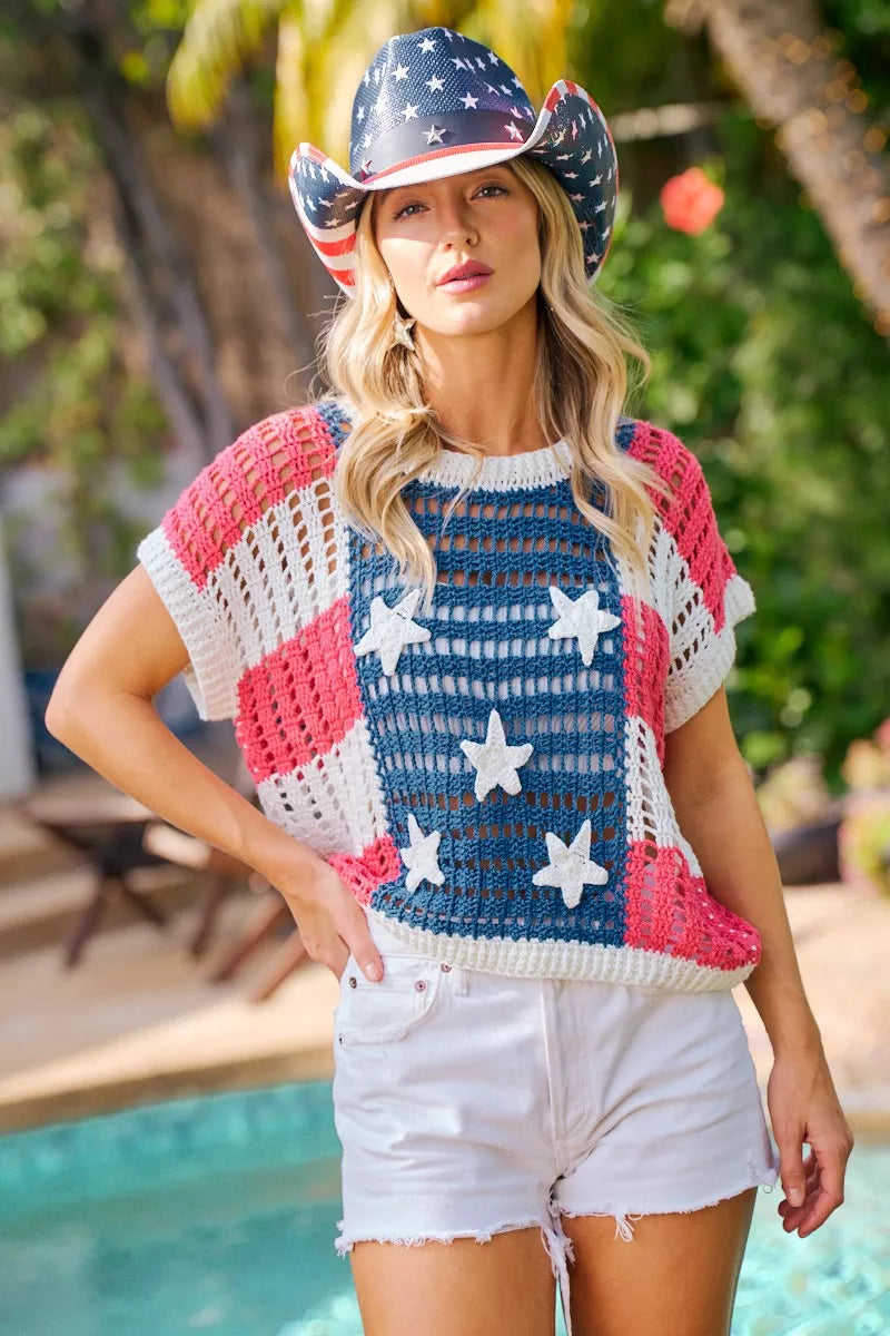 BiBi Crochet Star Patches 4th Of July Sweater Cover Up - AMERICAN FLAG - Bexa Boutique