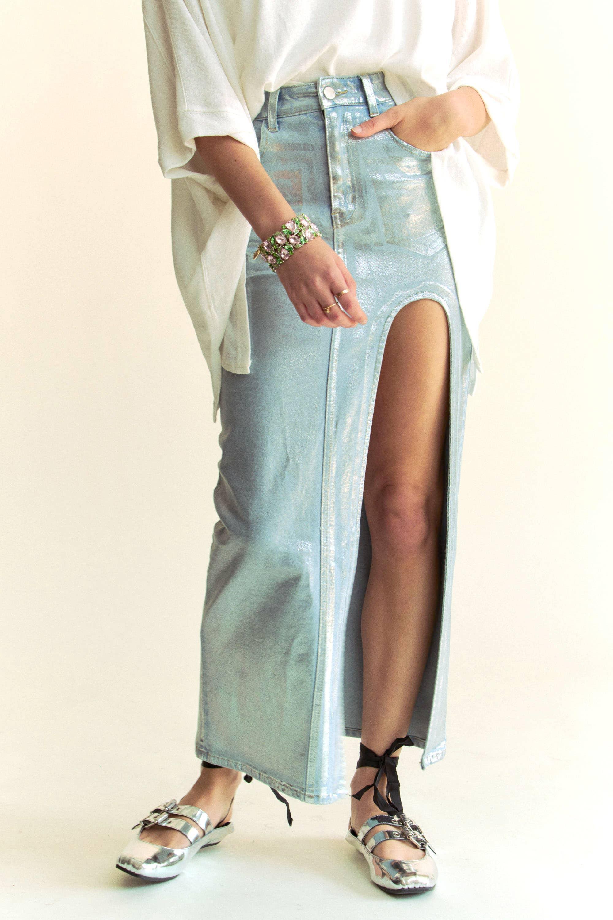 Silver Foiled Maxi Jean Skirt