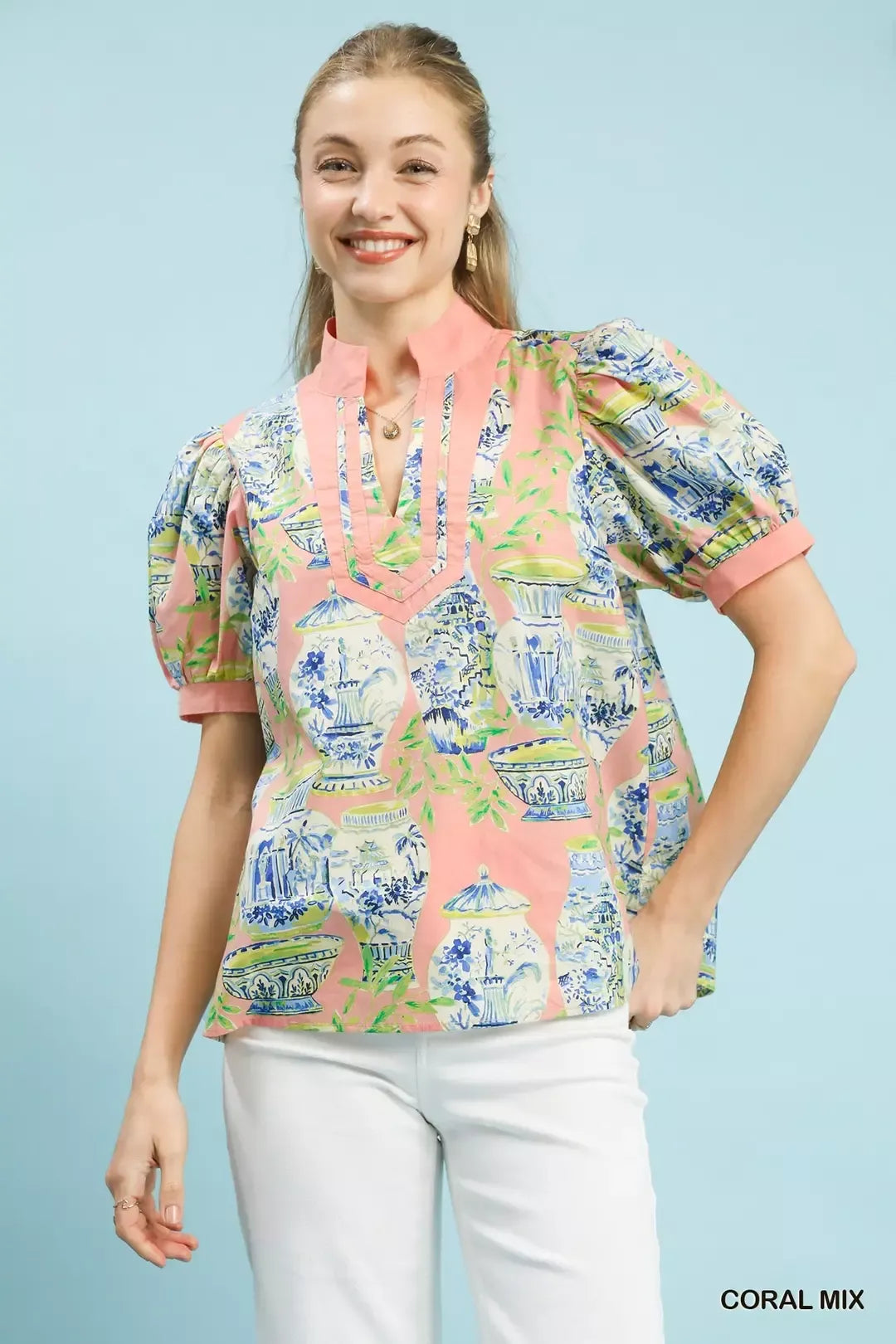 Umgee Abstract Print V-Neck Top - CORAL MIX - Bexa Boutique