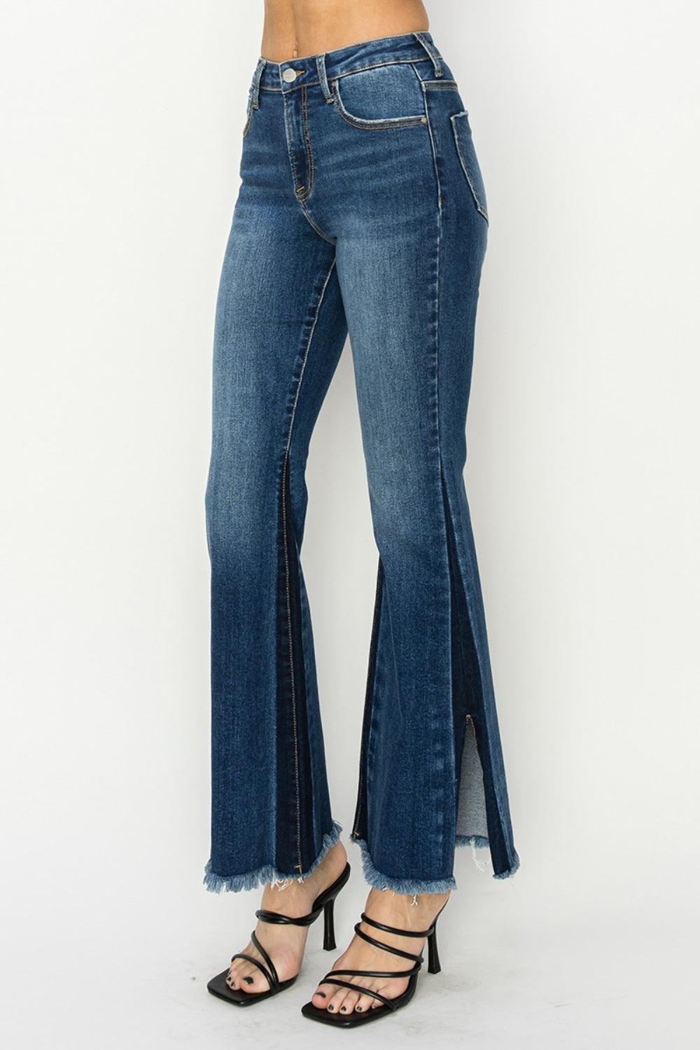 RISEN Full Size High Rise Side Shadow Seam Flare Jeans