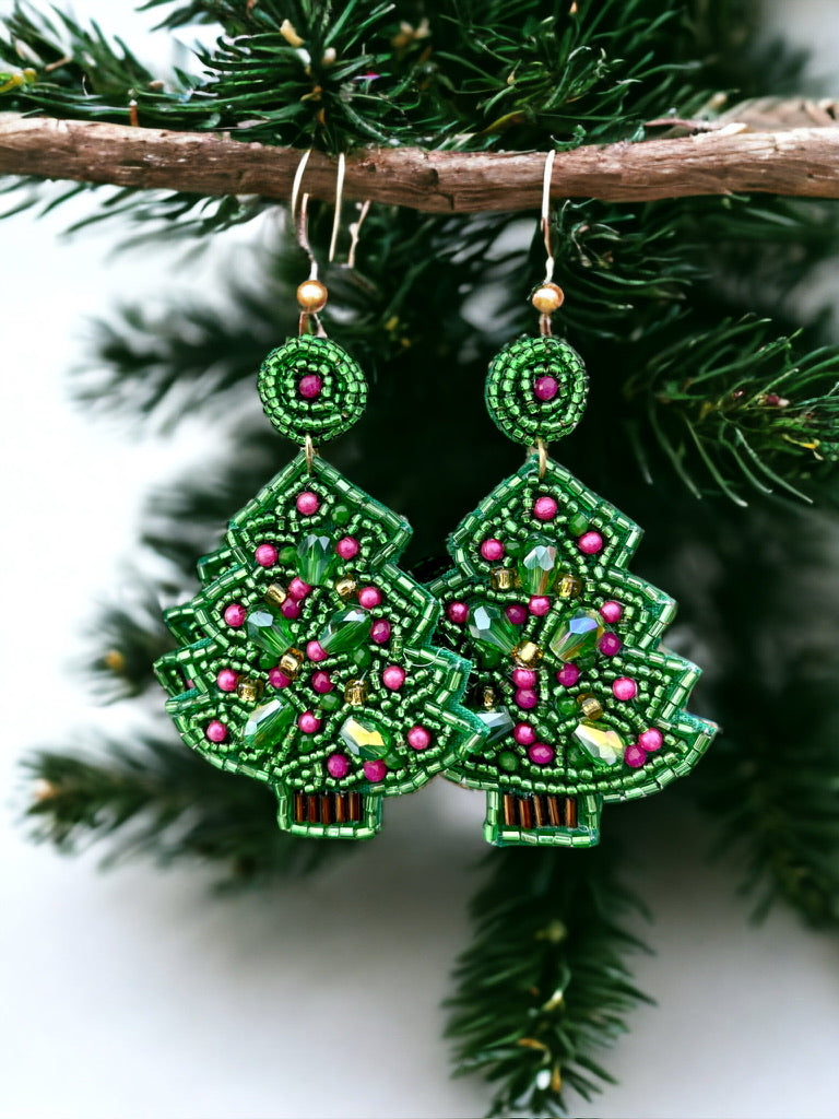 Christmas Tree Handmade Beaded Drop Earrings - Bexa Boutique