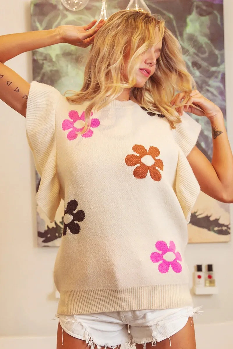 BiBi Flower Printed Ruffled Sleeves Top - OATMEAL - Bexa Boutique