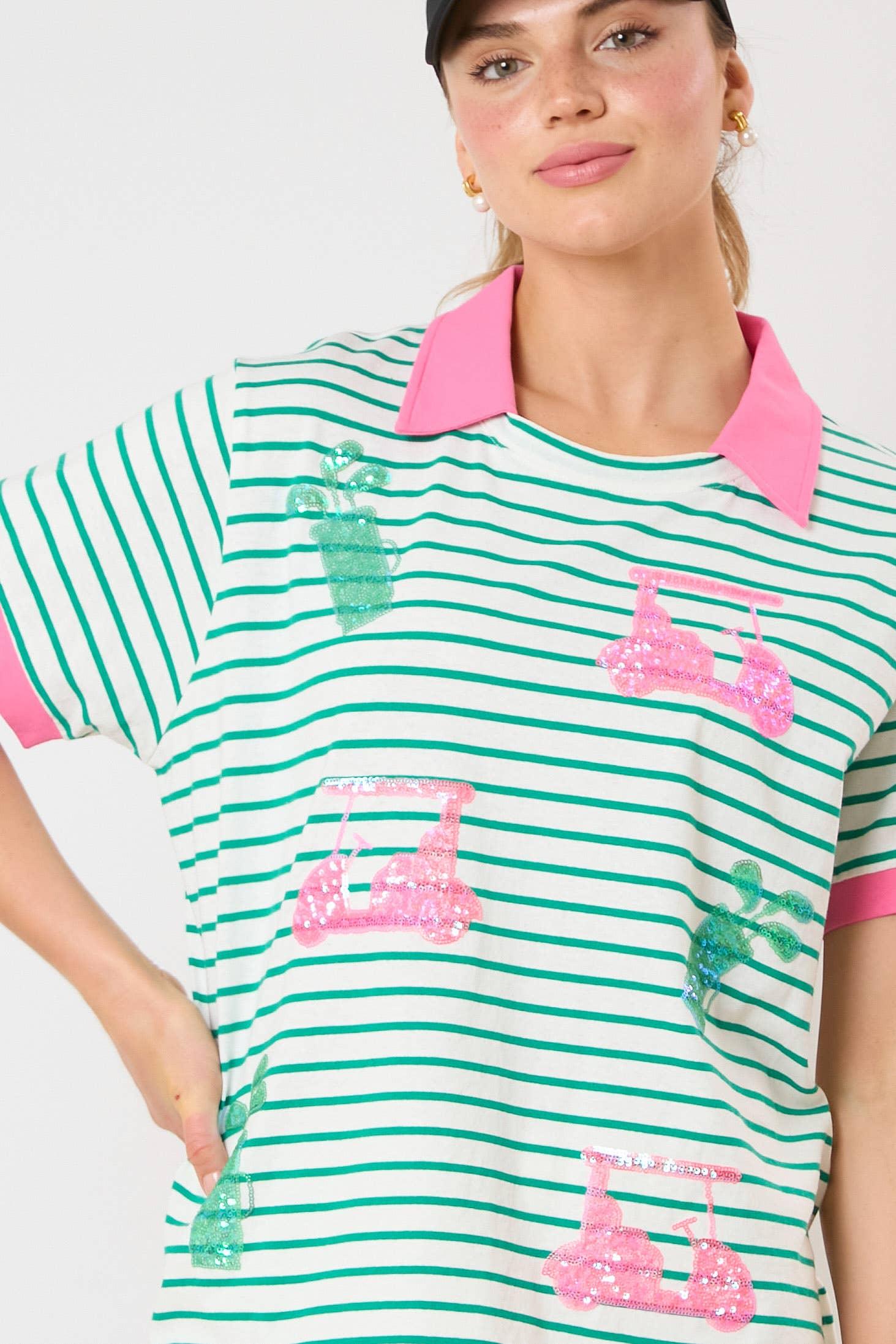 Golf Cart & Bag Sequins Embroidery Short Sleeve Top