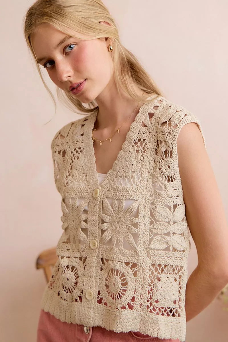 SO ME Summer Crochet Patterned Sleeveless Vest Top - NATURAL - Bexa Boutique