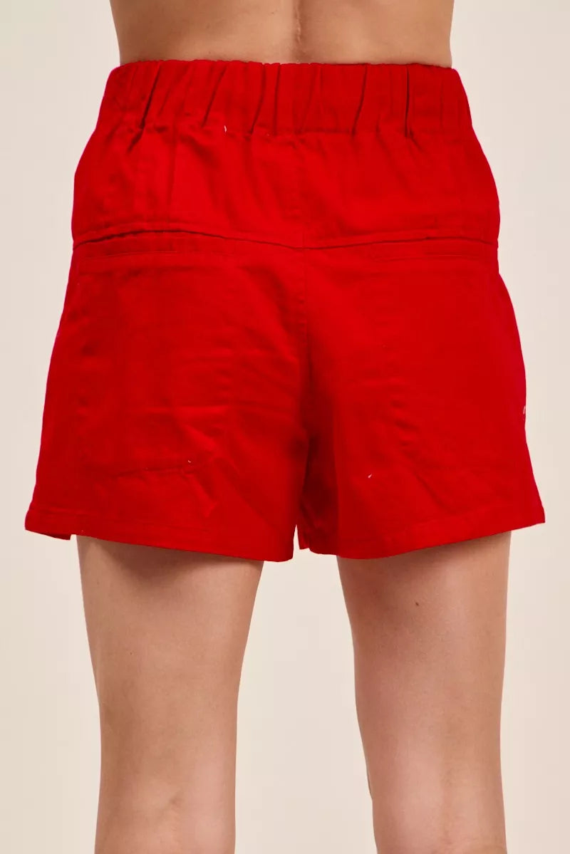 SO ME Solid Twill Denim Pintucked Buttoned Shorts With Waist Tie - RED - Bexa Boutique