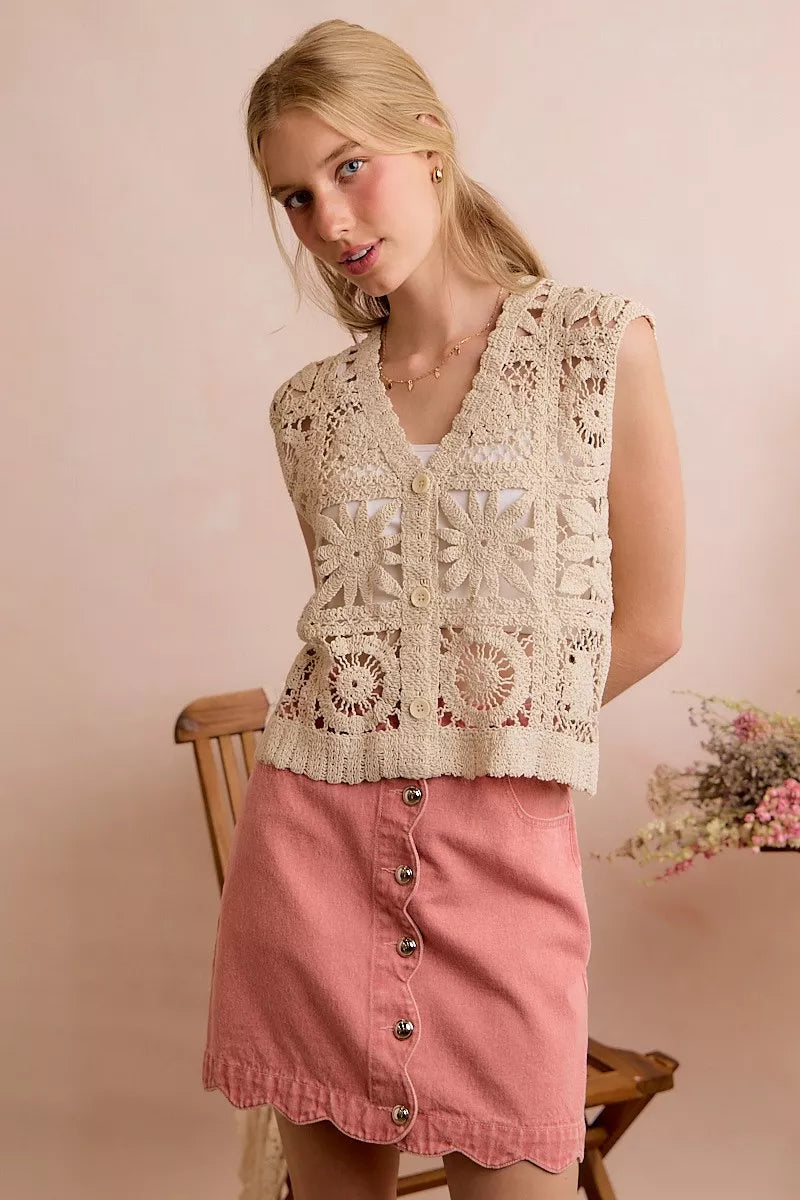 SO ME Summer Crochet Patterned Sleeveless Vest Top - NATURAL - Bexa Boutique