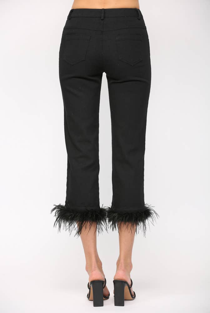 DETACHABLE FEATHER TRIM HEM JEANS