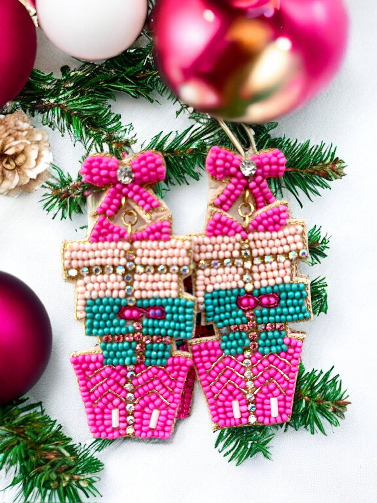 Pink Beaded Stacked Presents Earrings - Bexa Boutique