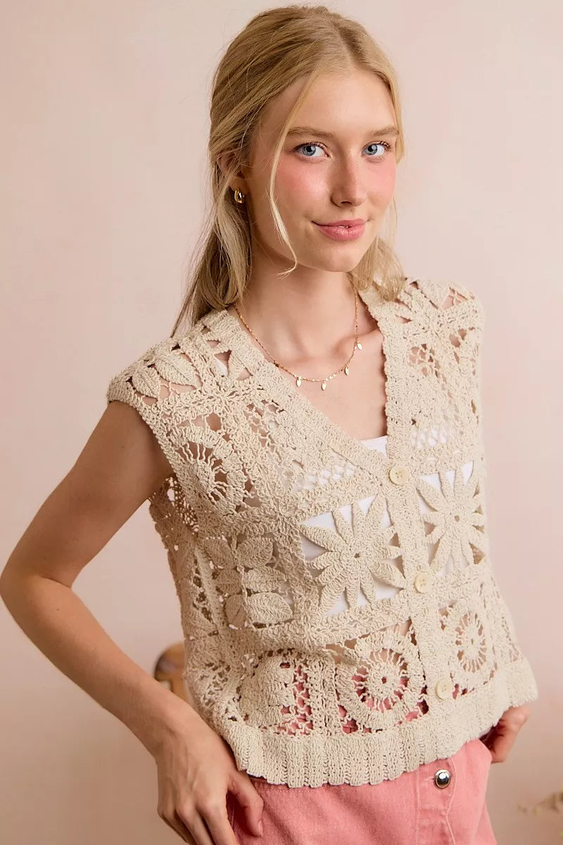 SO ME Summer Crochet Patterned Sleeveless Vest Top - NATURAL - Bexa Boutique