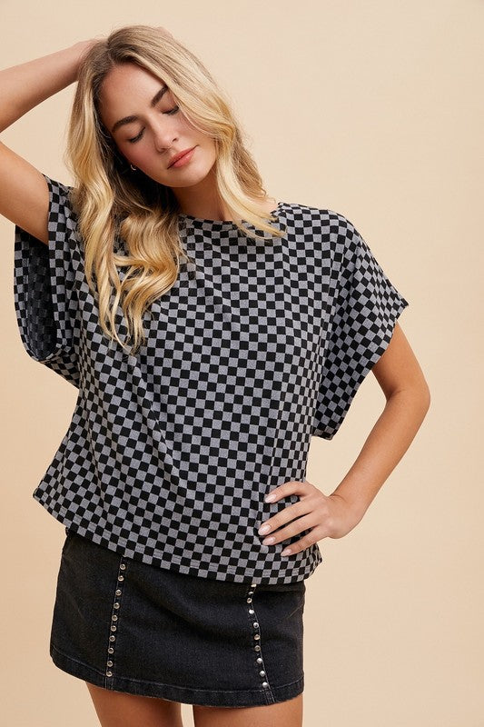 Black Check Round Short Sleeve T-Shirt