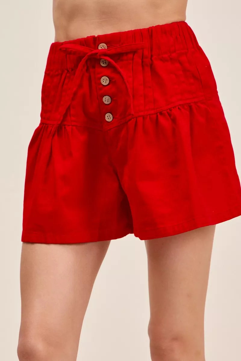 SO ME Solid Twill Denim Pintucked Buttoned Shorts With Waist Tie - RED - Bexa Boutique