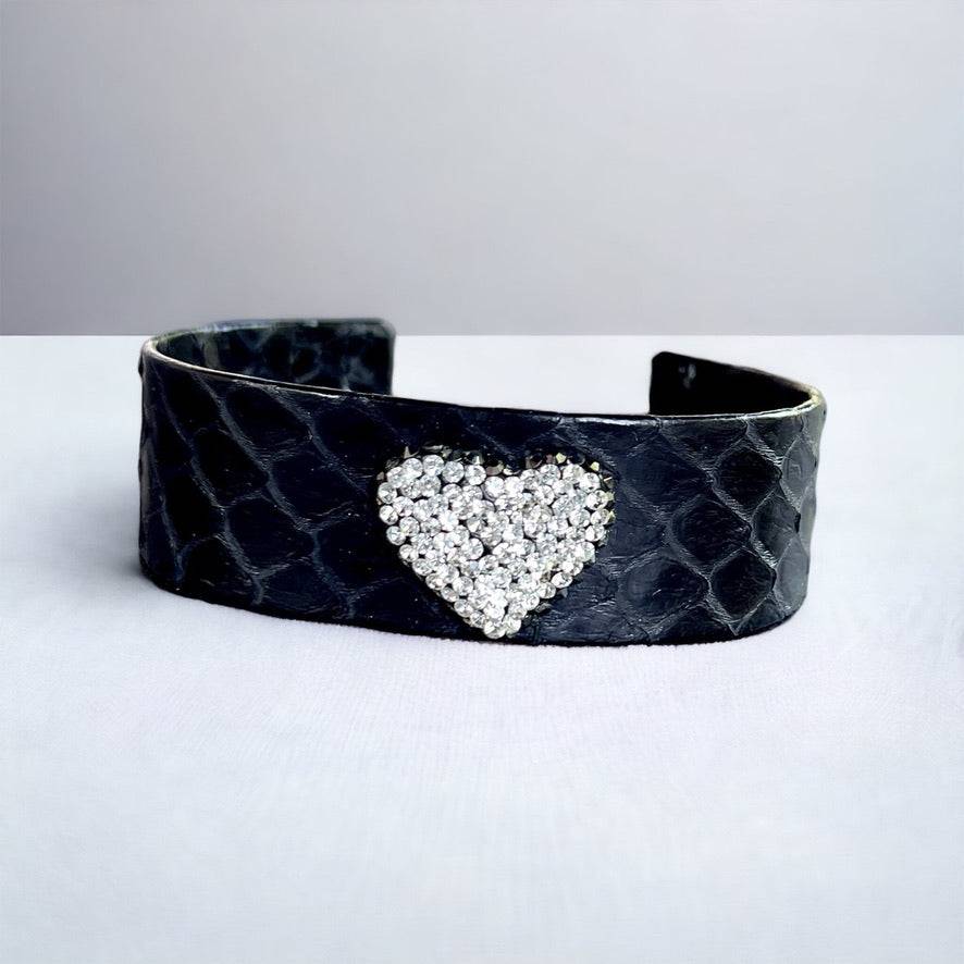 Snake Embossed Leather Open Cuff Bracelet with Rhinestone Heart - Bexa Boutique
