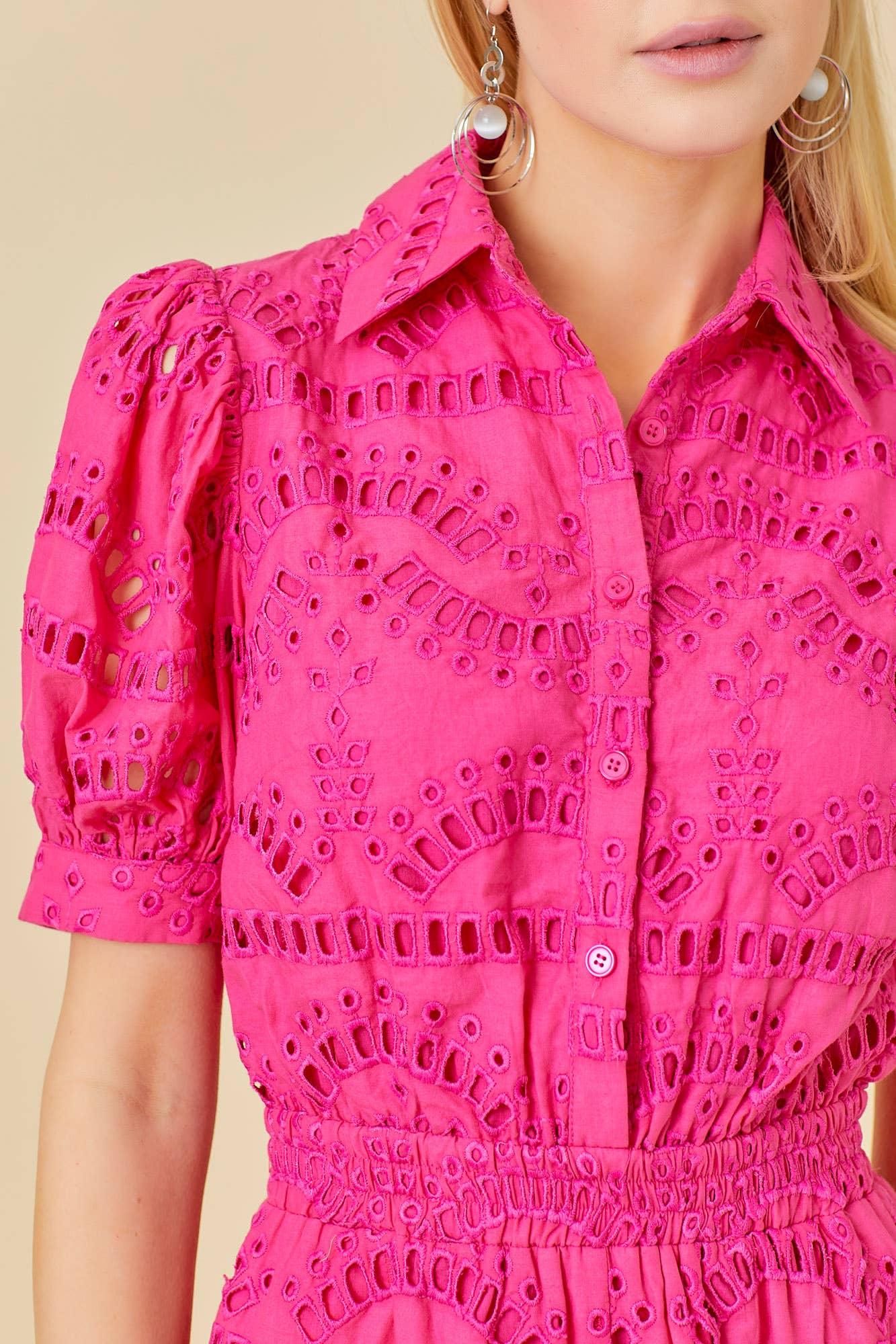 Eyelet Lace Puff Sleeve Romper Hot Pink