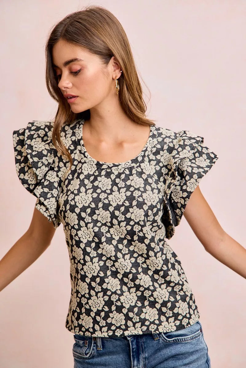 BiBi Floral Jacquard Ruffle Sleeves Knit Top - BLACK/LT GREY - Bexa Boutique