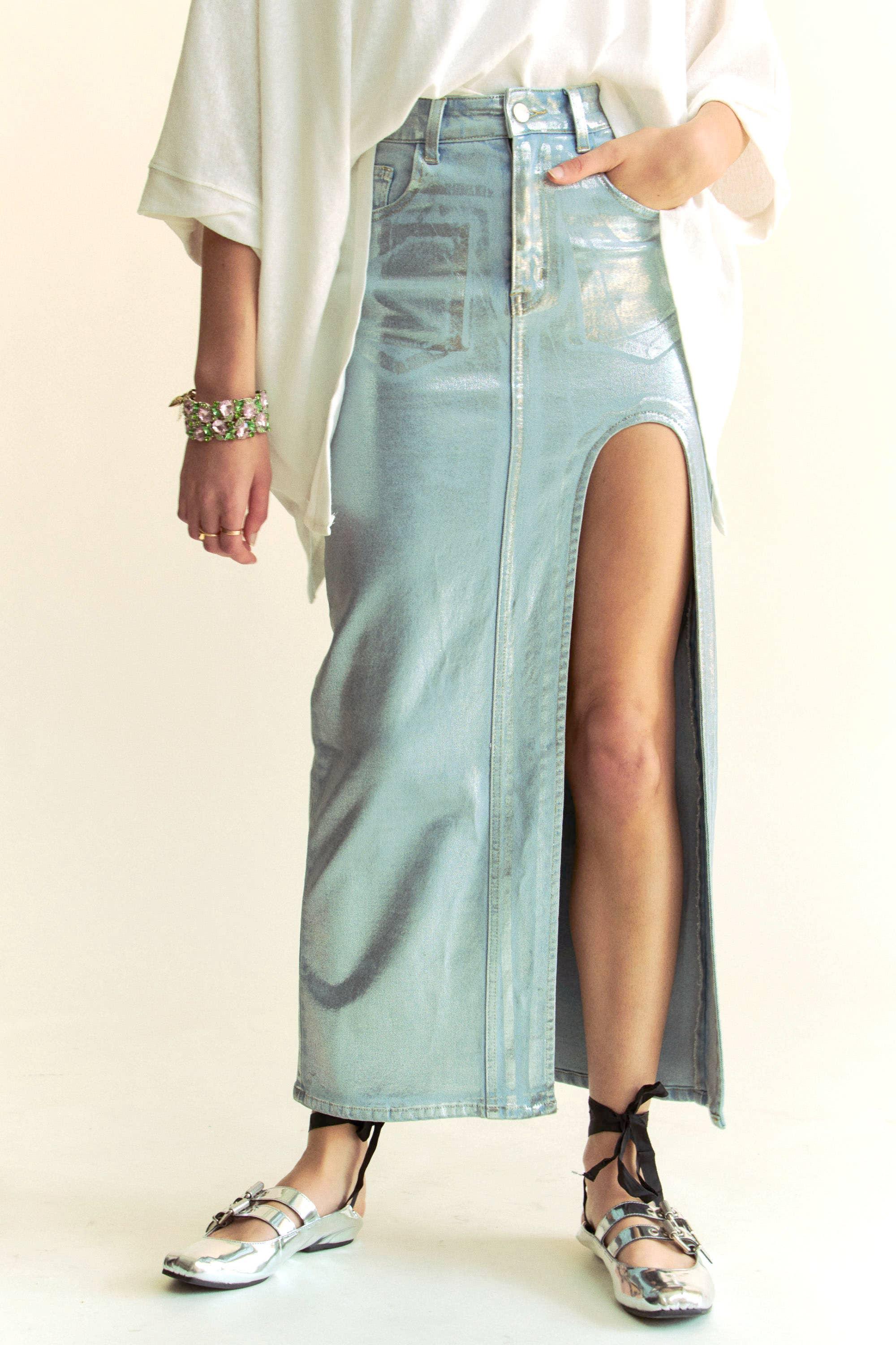 Silver Foiled Maxi Jean Skirt