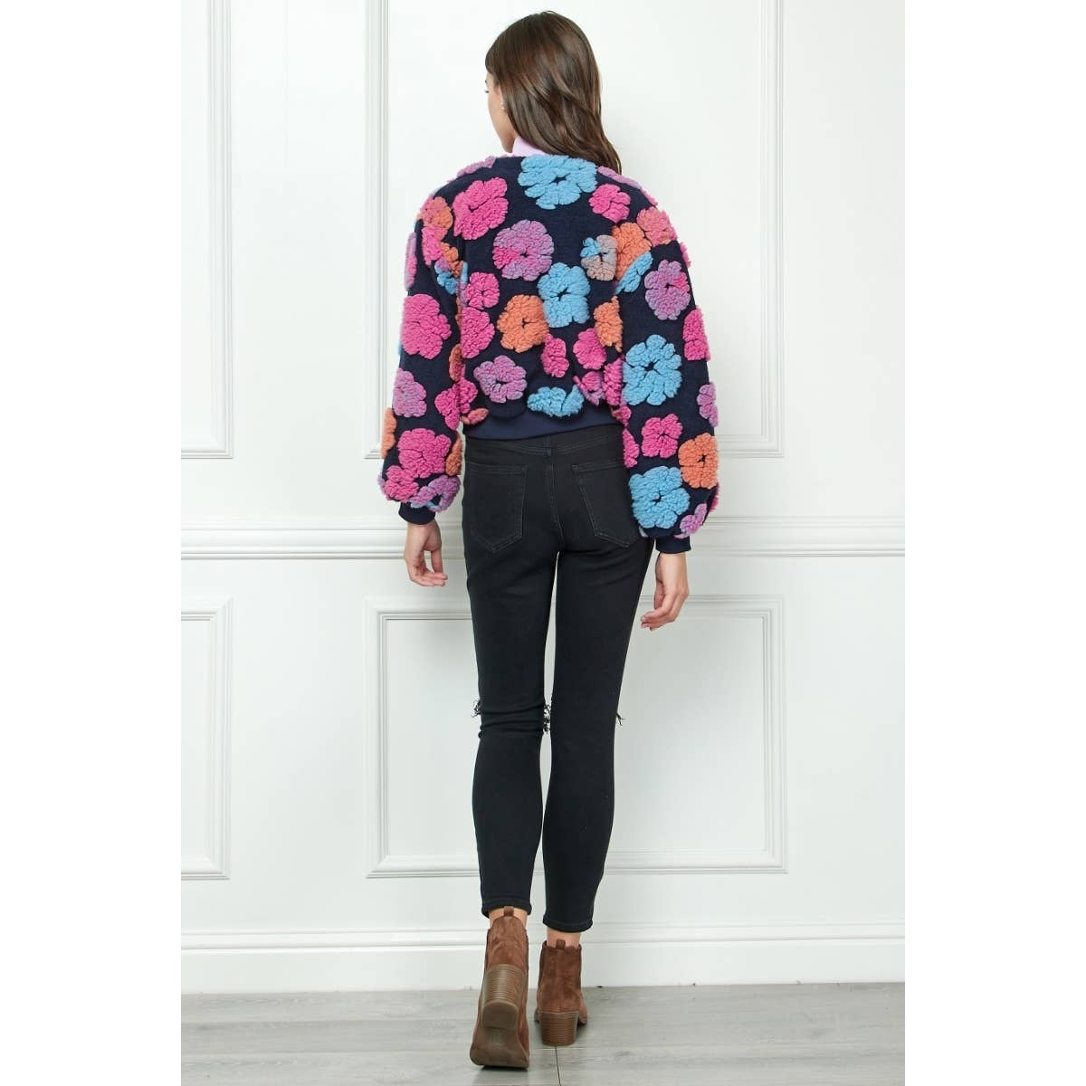 Felted Flower Puff Sleeve Button Jacket