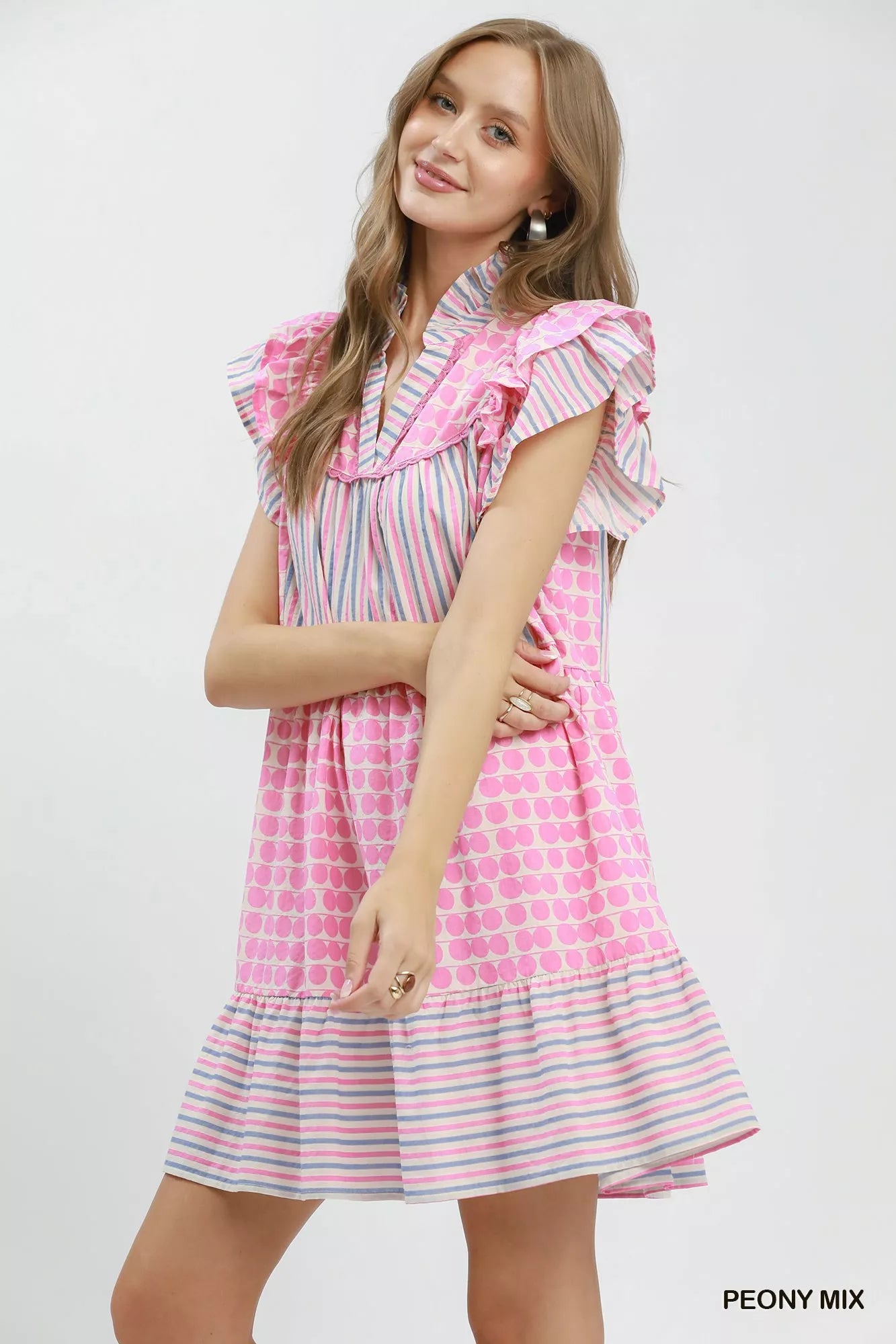 Umgee Mix Patchwork Flutter Sleeve Tiered Dress - PEONY MIX - Bexa Boutique