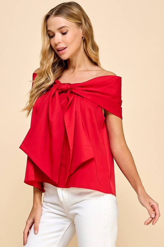 Red Bow Accented Off The Shoulder Top