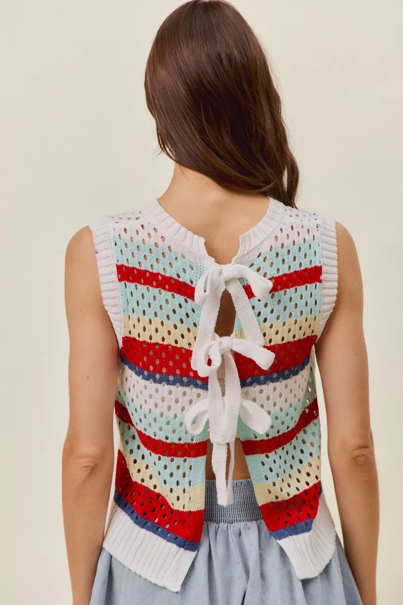 SO ME Tie Back Multi Stripe Sweater Knit Tank Top - RED MULTI - Bexa Boutique