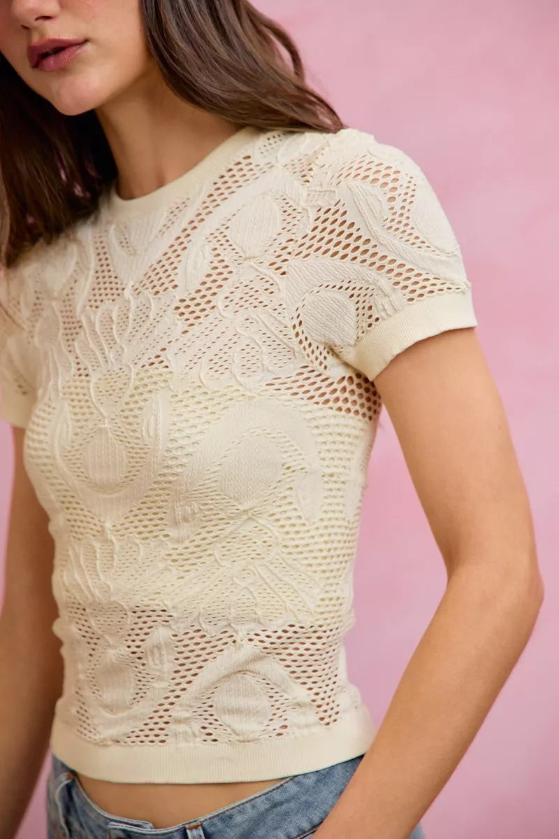 SO ME Floral Perforated Seamless Active Short Sleeve Top - OFF WHITE - Bexa Boutique