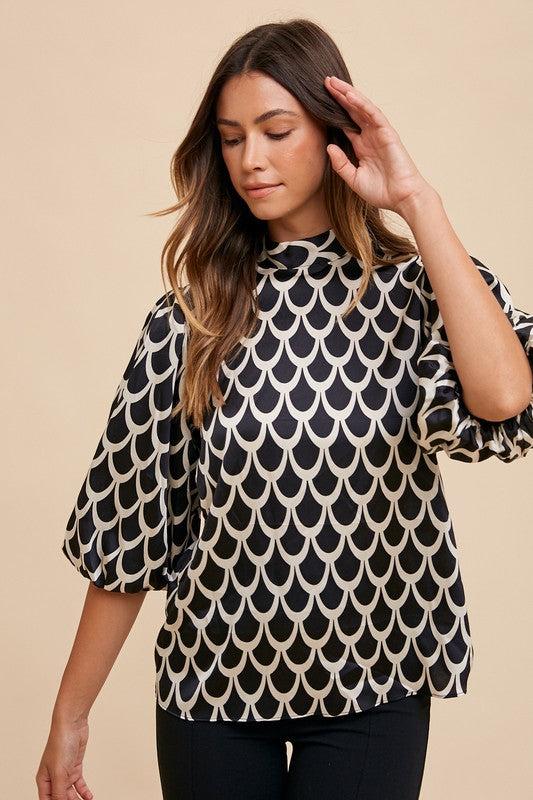 Black Bow Back Mock Neck Blouse