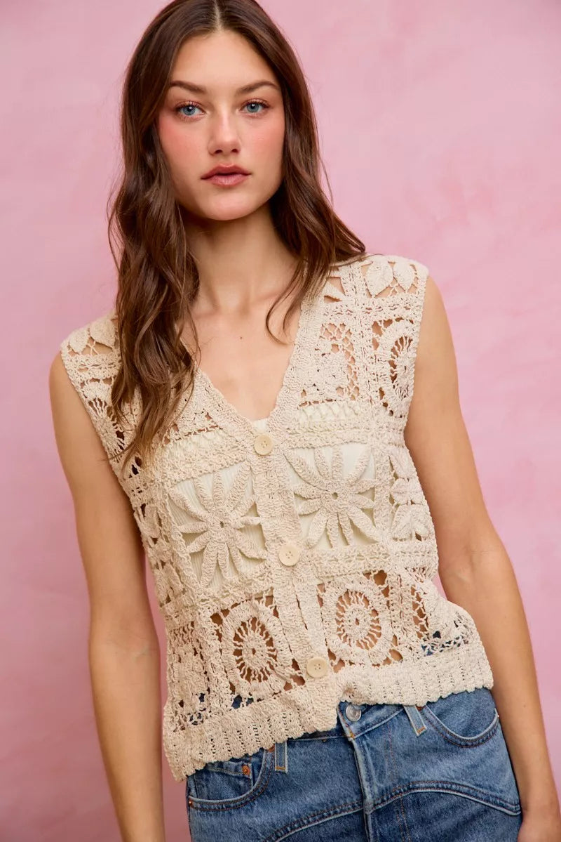 SO ME Summer Crochet Patterned Sleeveless Vest Top - NATURAL - Bexa Boutique