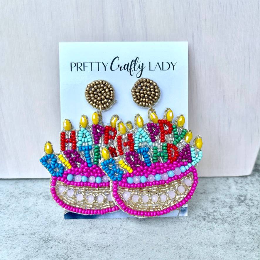 Happy Birthday Cake & Candles Beaded Earrings - Pretty Crafty Lady Shop