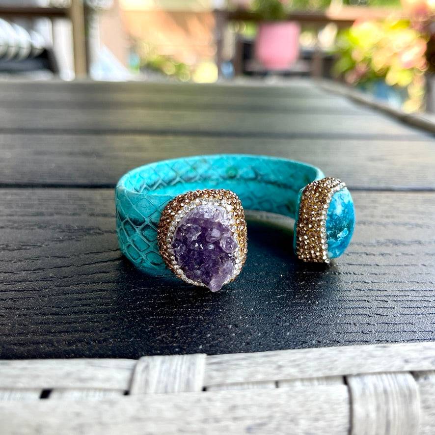 Raw Amethyst and Turquoise Open Cuff Leather Bracelet - Bexa Boutique