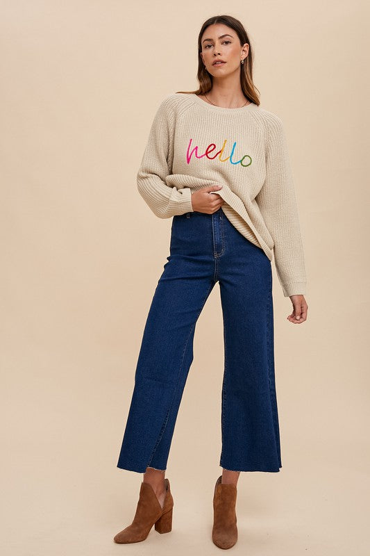 HELLO Embroidered Raglan Sleeve Sweater - Oatmeal