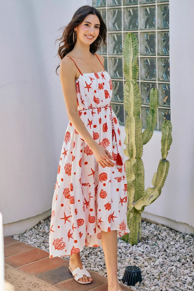 SO ME Shell Print Tiered Lined Midi Cami Dress With Belt - Red - Bexa Boutique