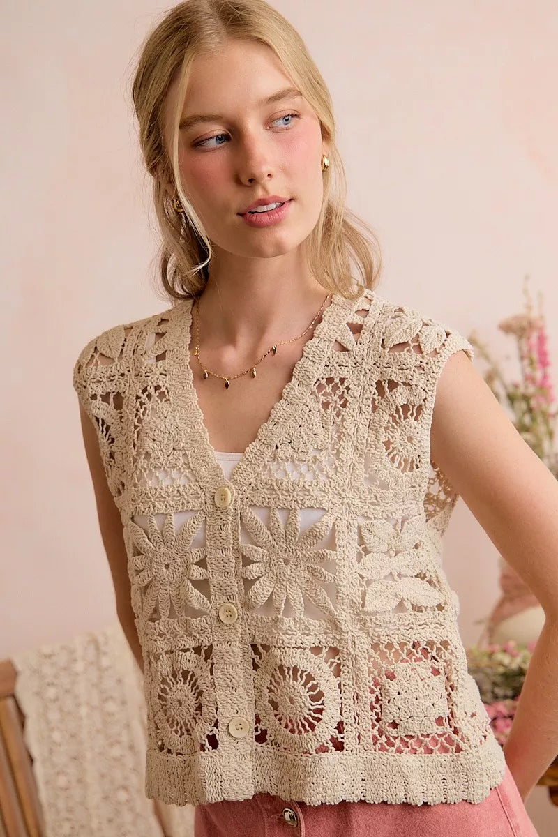 SO ME Summer Crochet Patterned Sleeveless Vest Top - NATURAL - Bexa Boutique