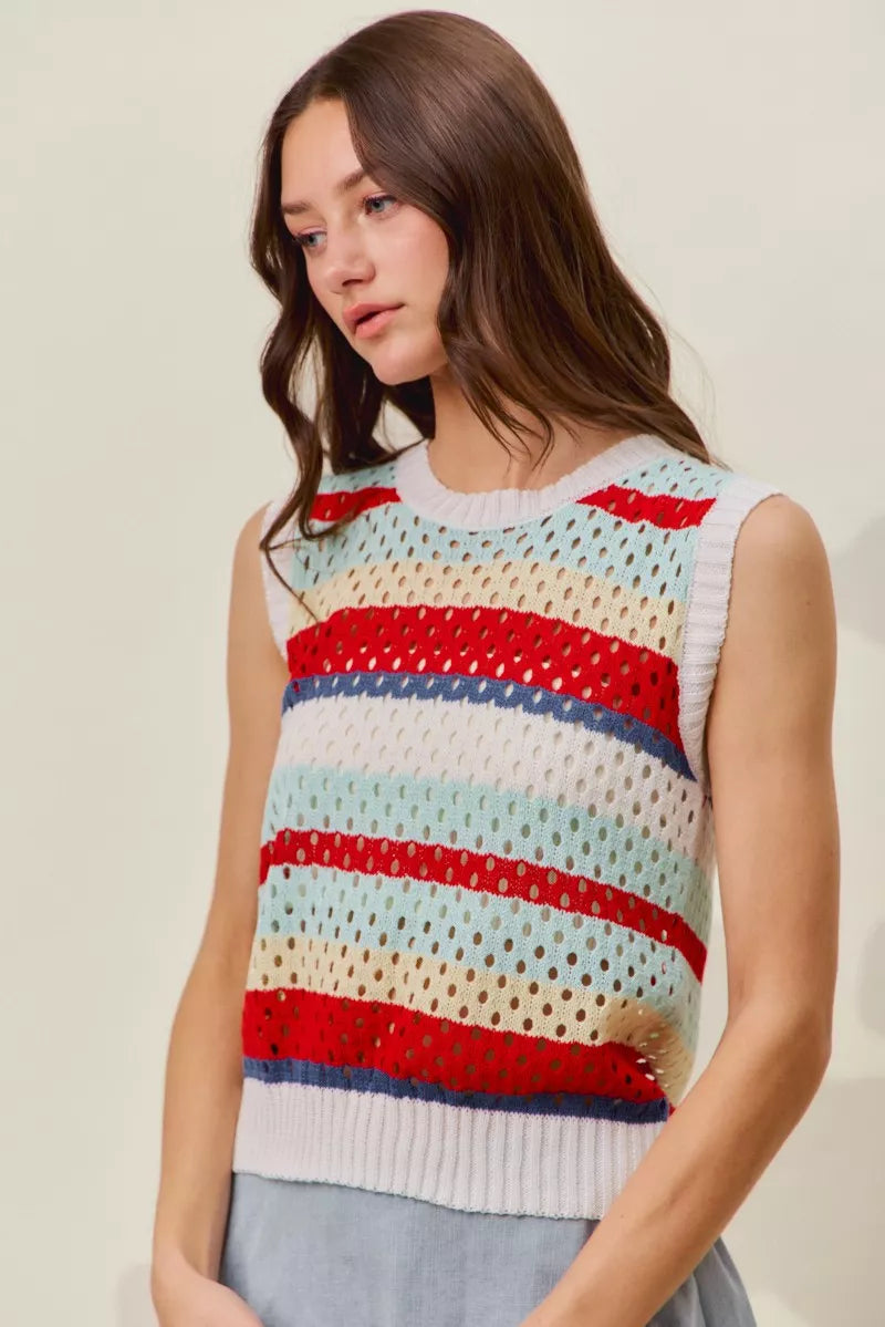 SO ME Tie Back Multi Stripe Sweater Knit Tank Top - RED MULTI - Bexa Boutique