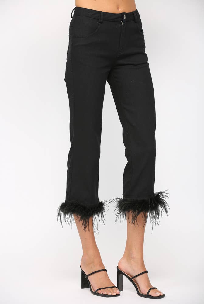 DETACHABLE FEATHER TRIM HEM JEANS