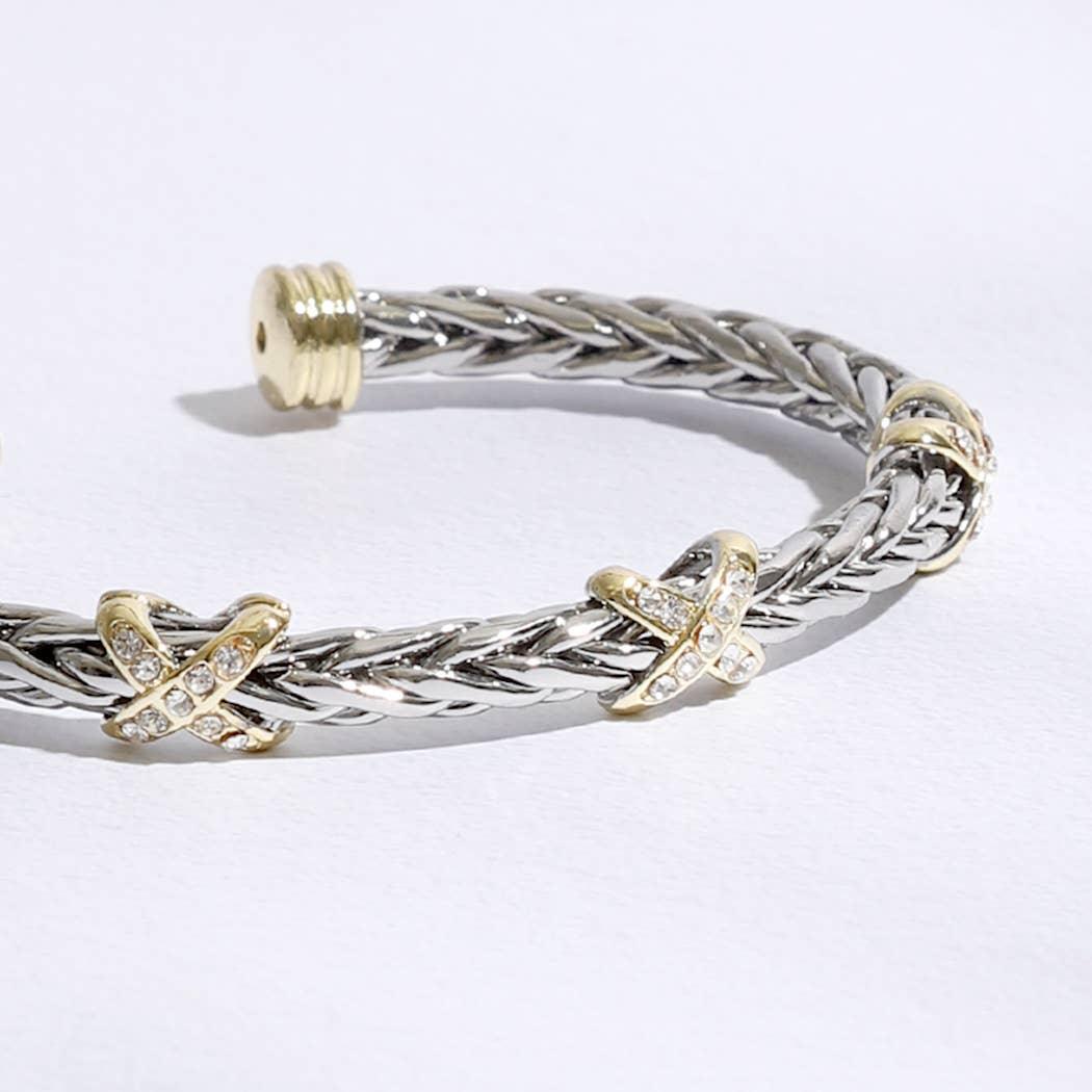 Three CZ X Stations Braided Bangle Bracelet