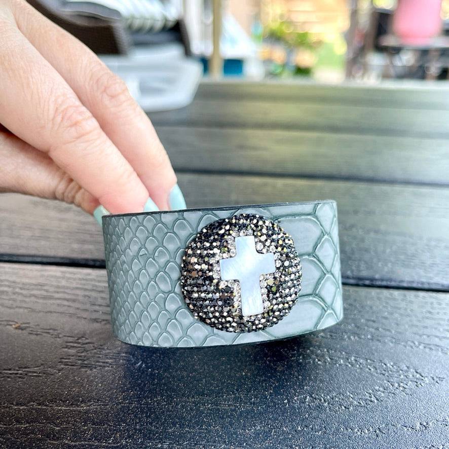 Wide Leather Cuff Bracelet with a Mother of Pearl Cross and Rhinestone Accent - Bexa Boutique