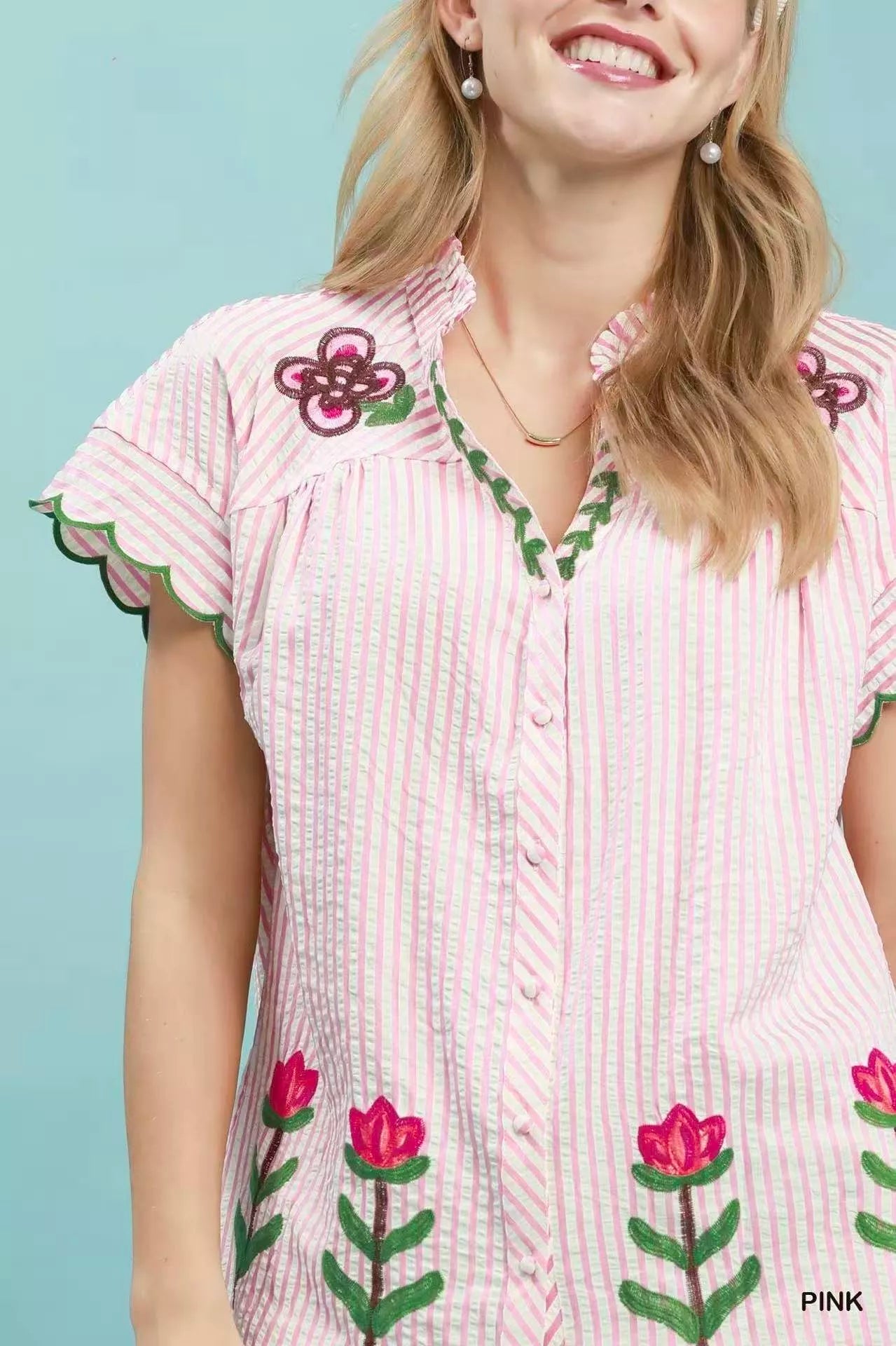 Umgee Embroidered Stripe Button Front Top - PINK - Bexa Boutique