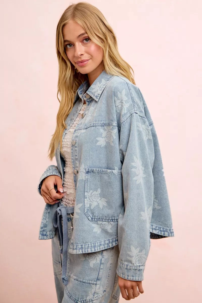 BiBi Printed Washed Denim Jacket With Pocket - DENIM - Bexa Boutique