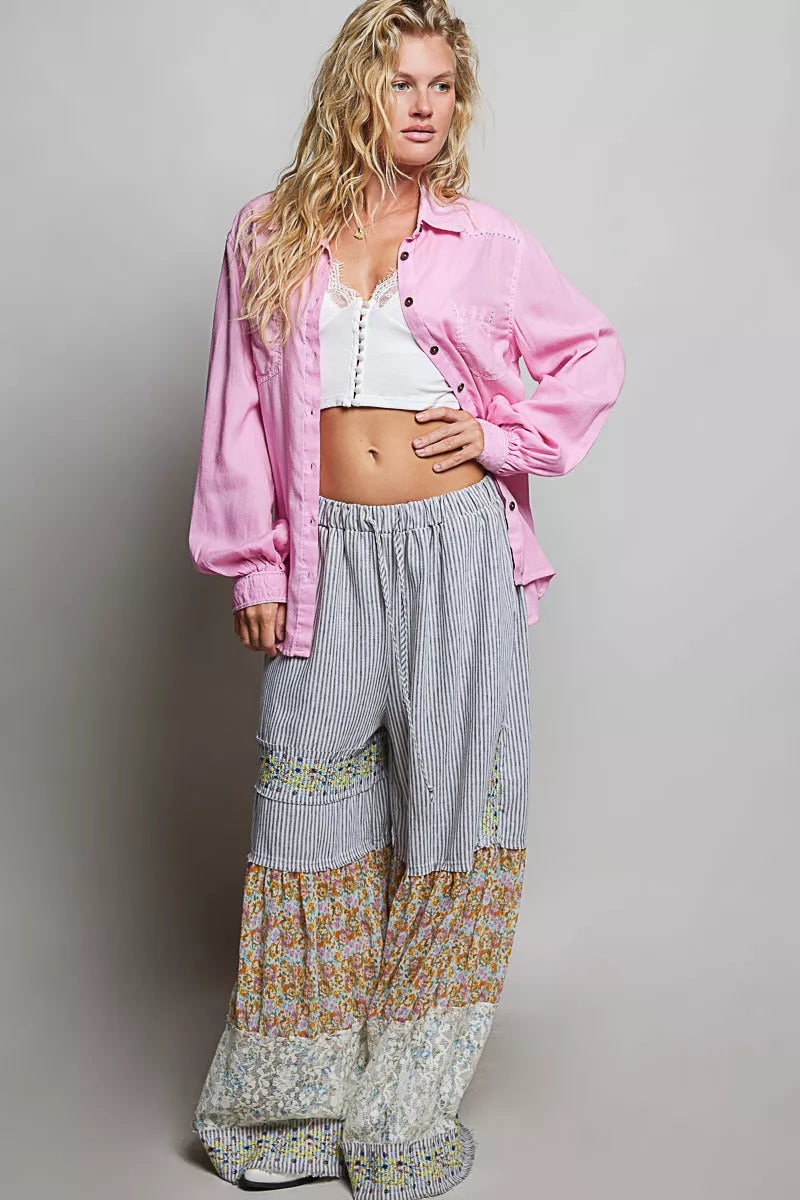 POL Washed Textured Cotton Western Button Front Shirt - CANDY PINK - Bexa Boutique
