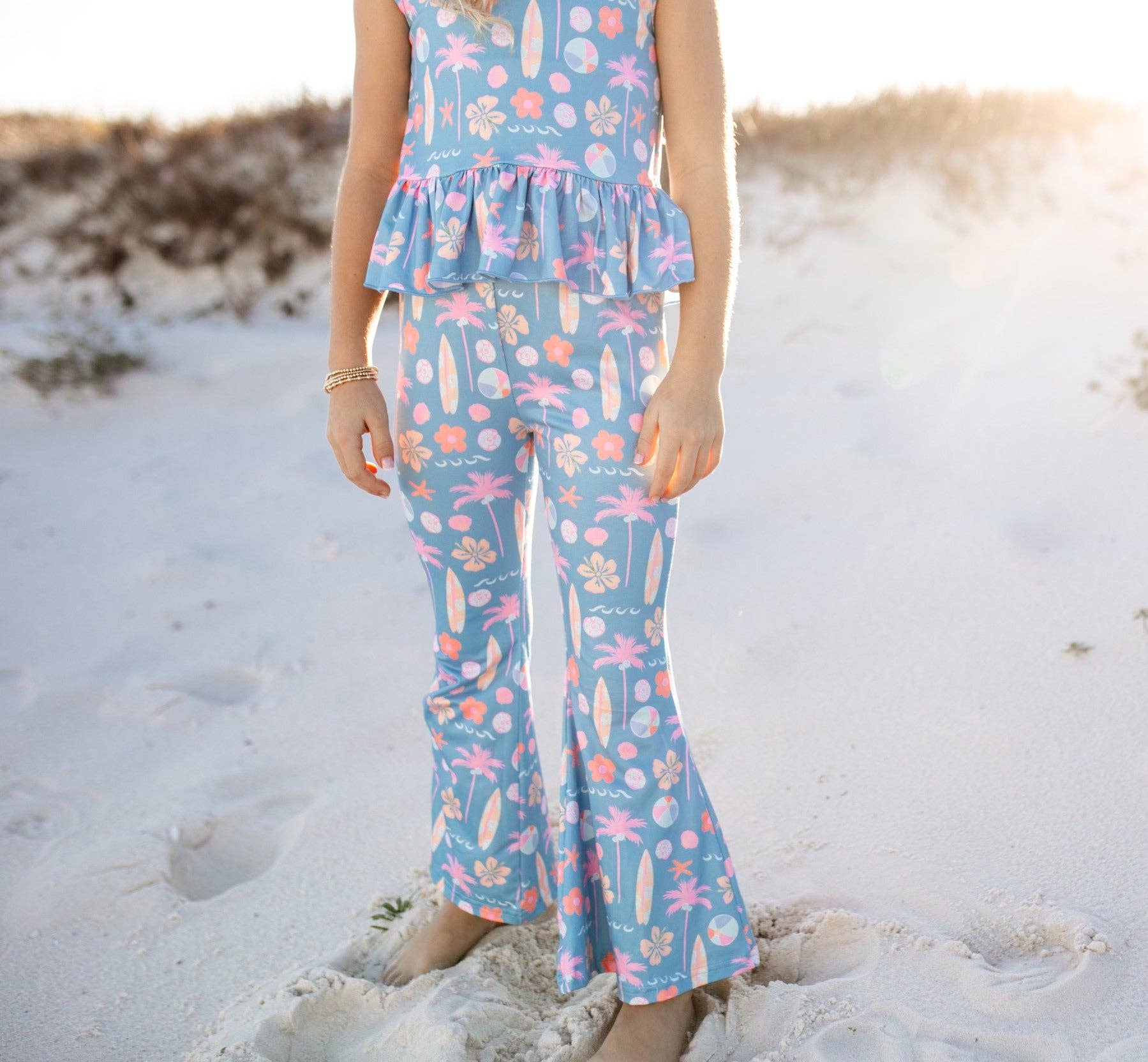 Kids Dusty Blue & Pink Summer Surf Print Flare Pant Set