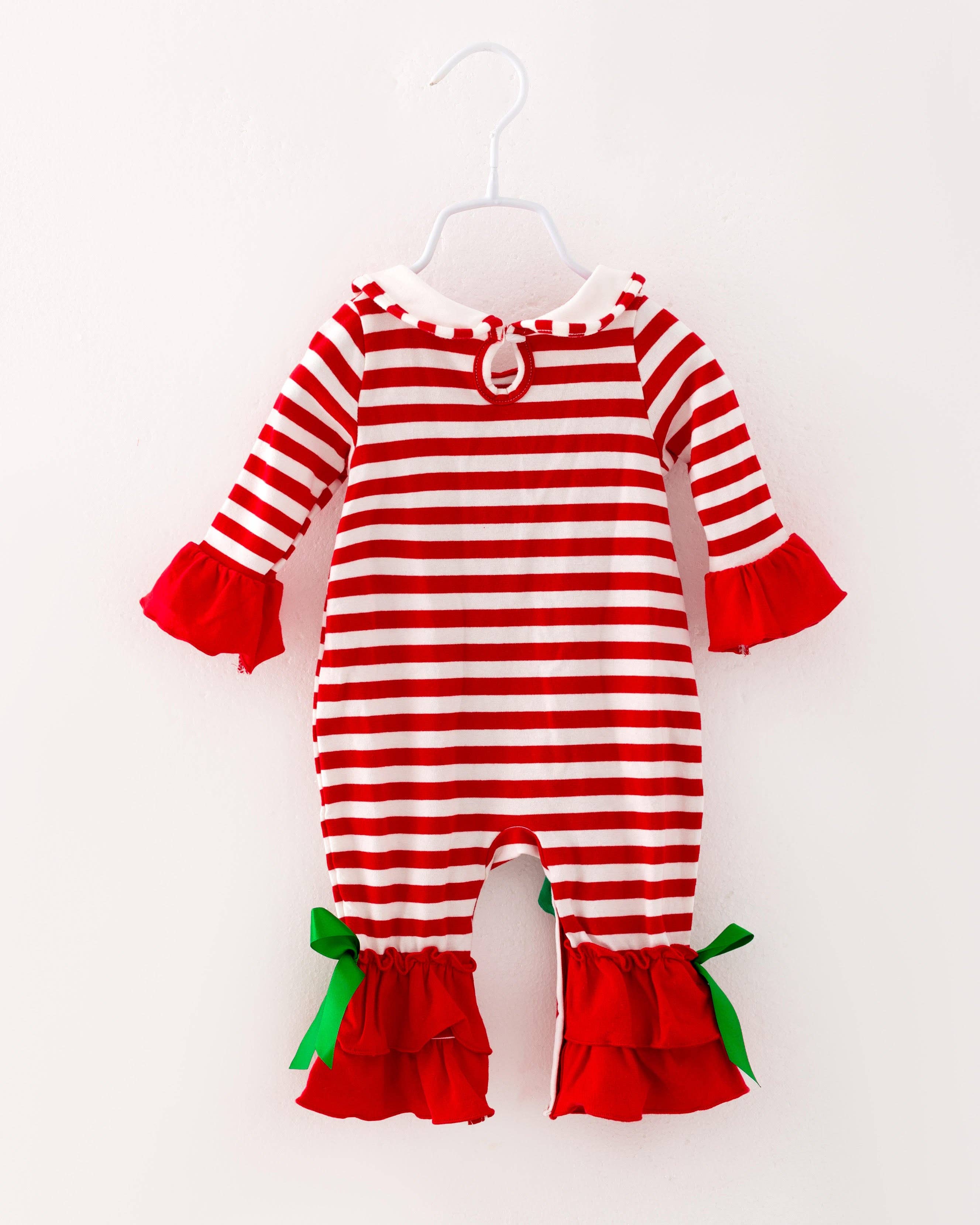 Red Stripe Santa Ruffle Baby Girl Romper