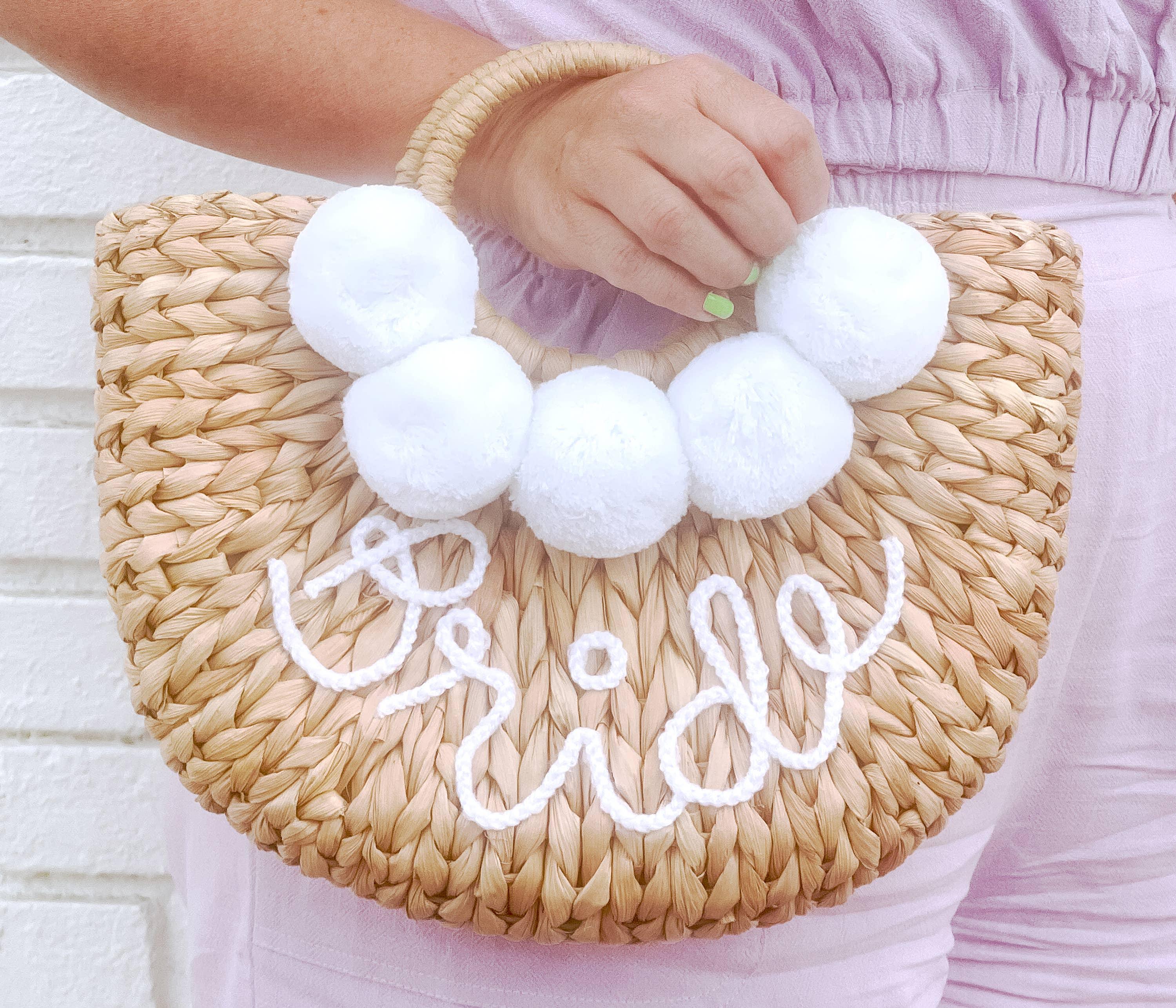 Bride Straw Purse with White Pom Poms