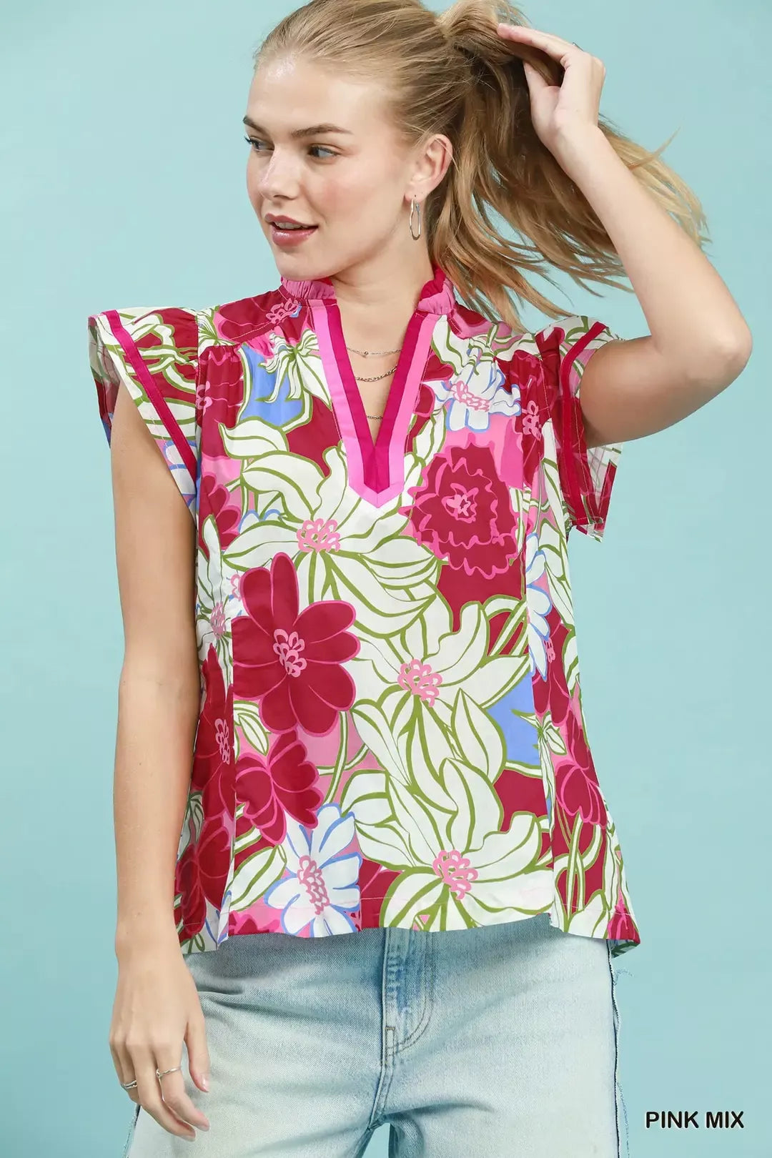 Umgee Bold Floral Flutter Sleeve Top - PINK MIX - Bexa Boutique