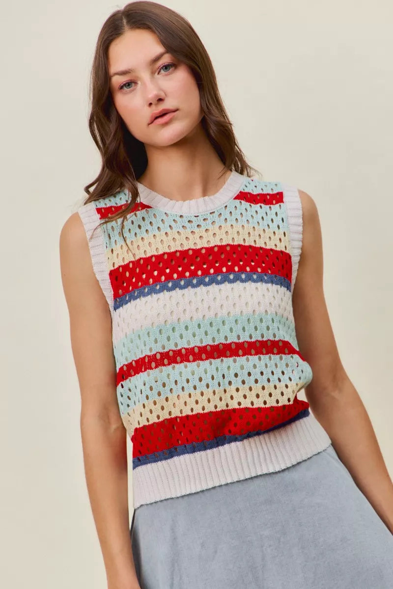 SO ME Tie Back Multi Stripe Sweater Knit Tank Top - RED MULTI - Bexa Boutique