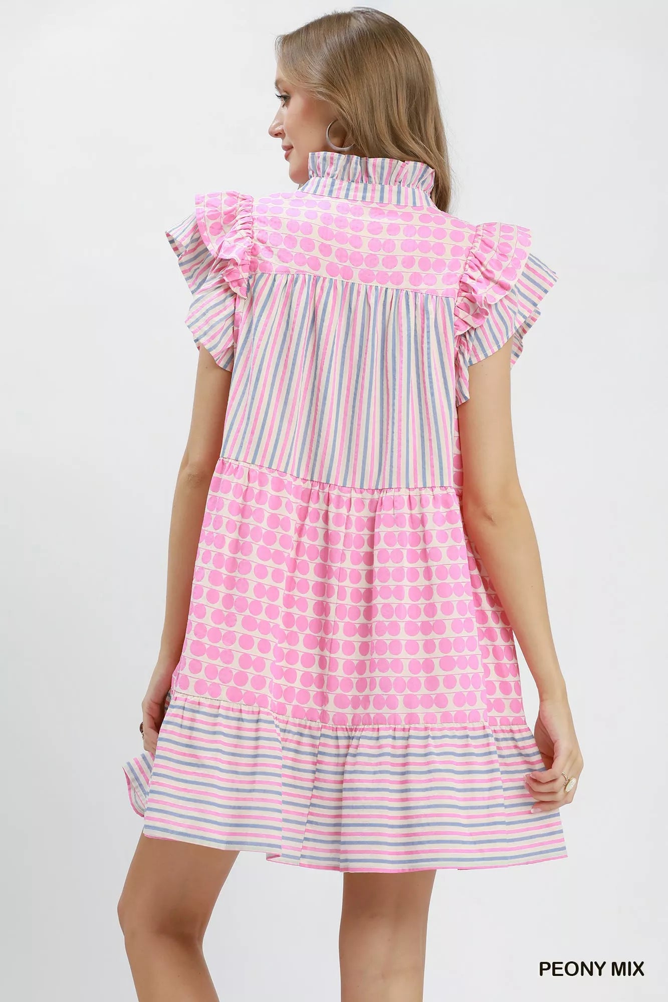 Umgee Mix Patchwork Flutter Sleeve Tiered Dress - PEONY MIX - Bexa Boutique