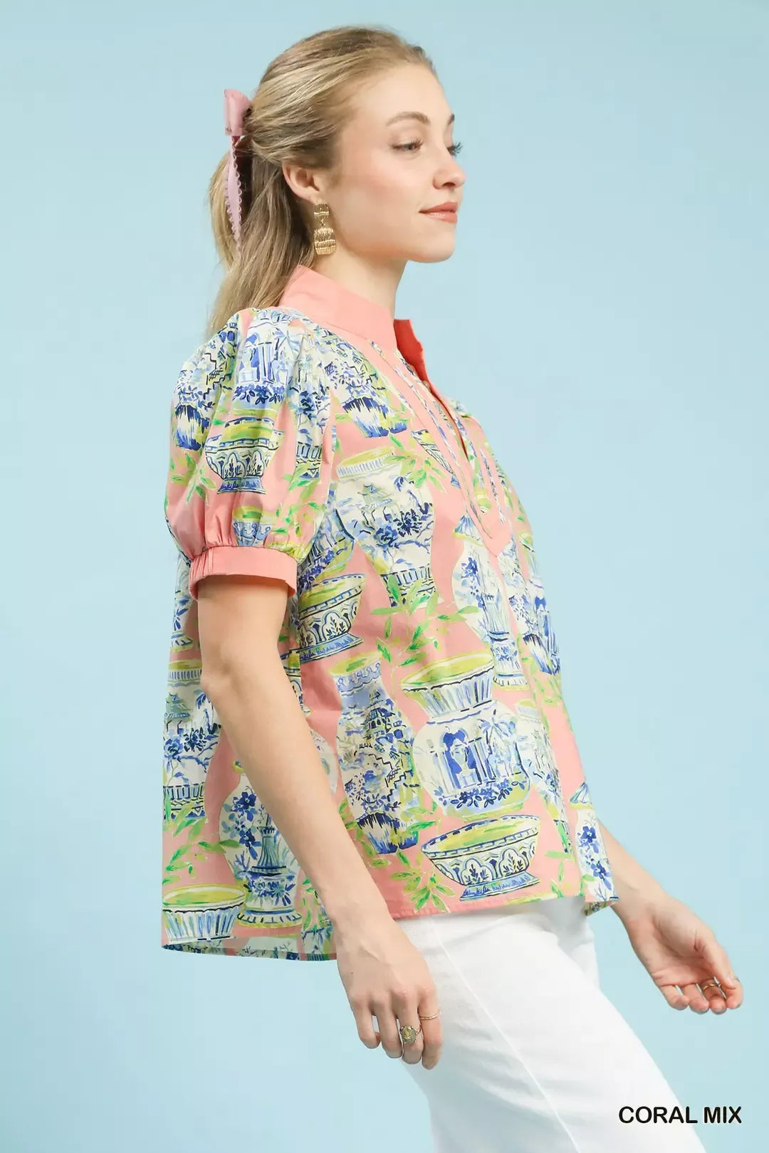 Umgee Abstract Print V-Neck Top - CORAL MIX - Bexa Boutique