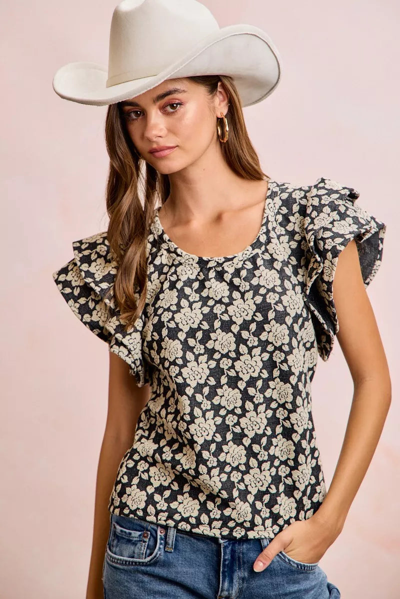 BiBi Floral Jacquard Ruffle Sleeves Knit Top - BLACK/LT GREY - Bexa Boutique
