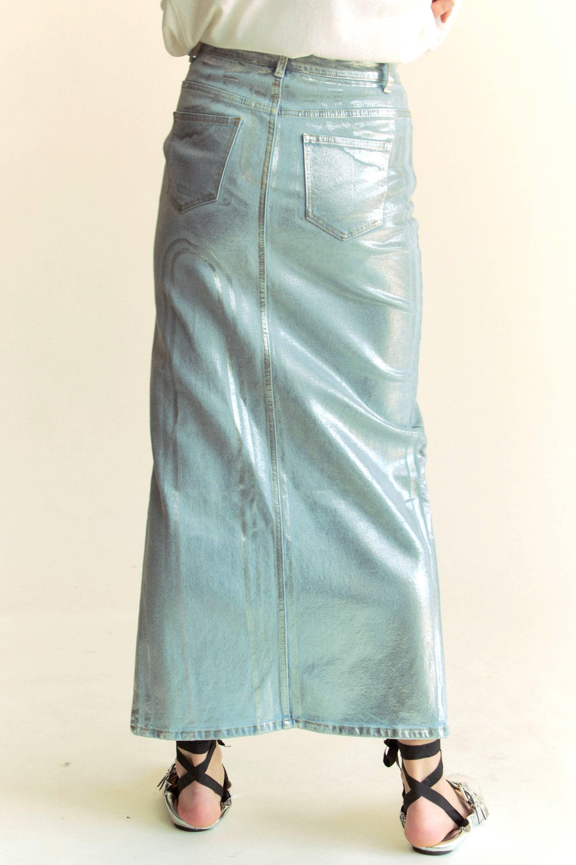 Silver Foiled Maxi Jean Skirt